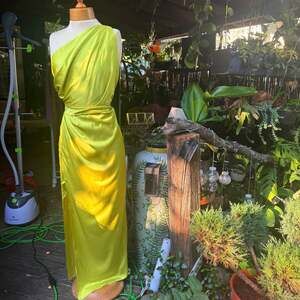 Lime Satin One-Shoulder Asymmetrical Hem A-Line Dress